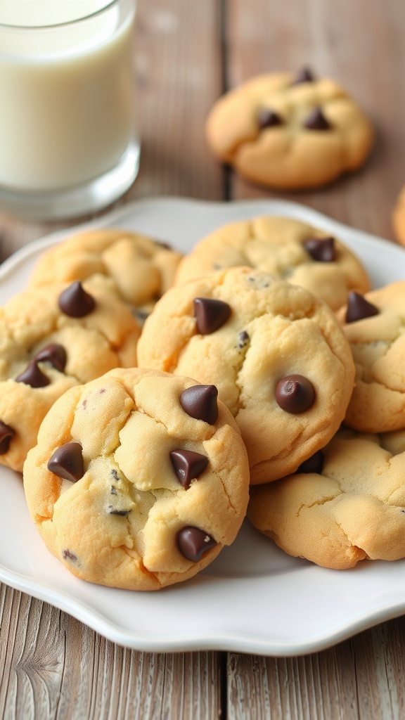 Yogurt Cream Cookies Recipe A plate of soft yogurt cream cookies with chocolate chips, served with a glass of milk on a wooden table.